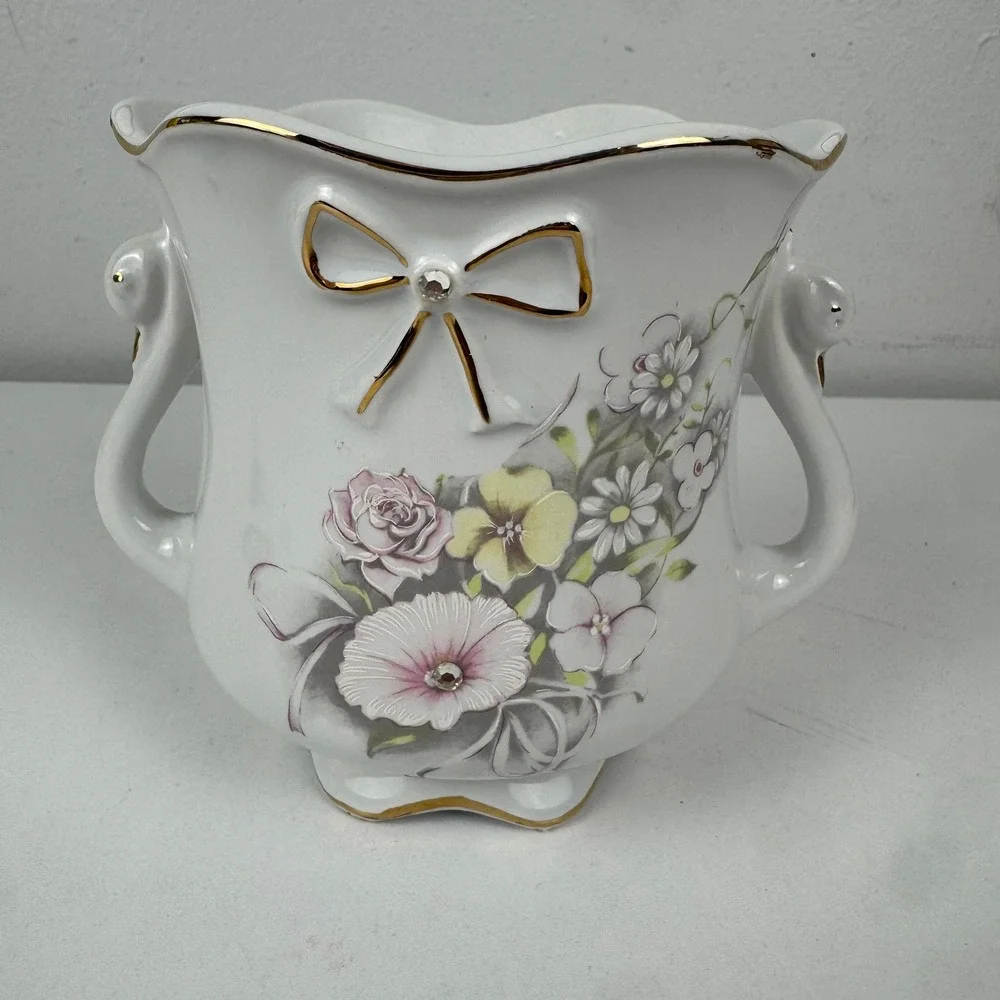 Vtg Valentin Italy Swan Handle Cachepot Planter Floral‎ Porcelain Gold Trim